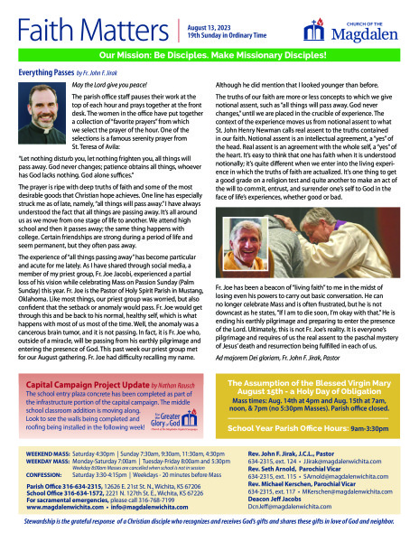 August 13, 2023 19th Sunday in Ordinary Time